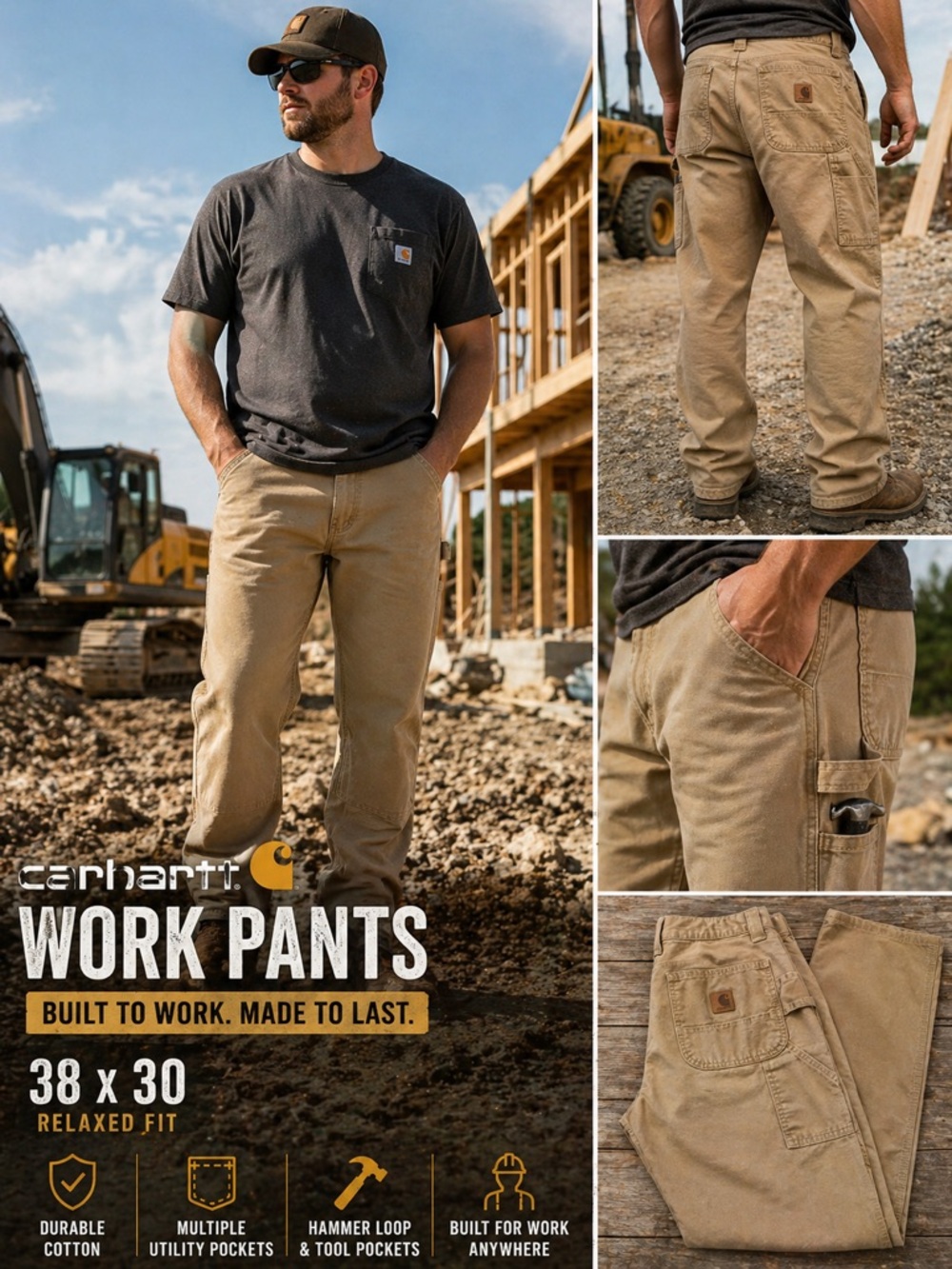 Carhartt Men’s Cargo Work Pants 38x30 Tan Khaki Utility Carpenter Durable Cotton